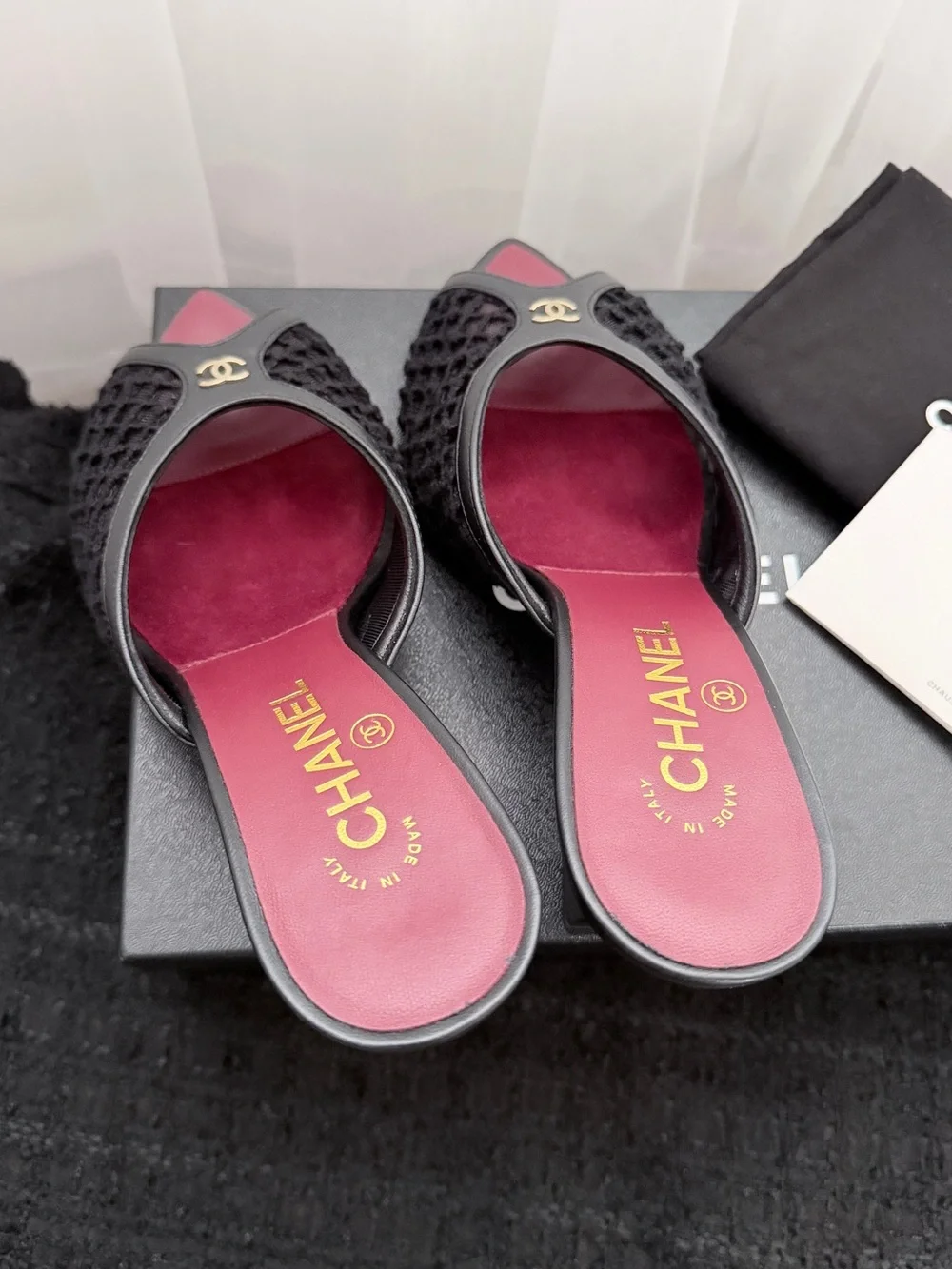 Auth Chanel 26M Coco Beach Mesh CC Logo Black Mules - Size 38